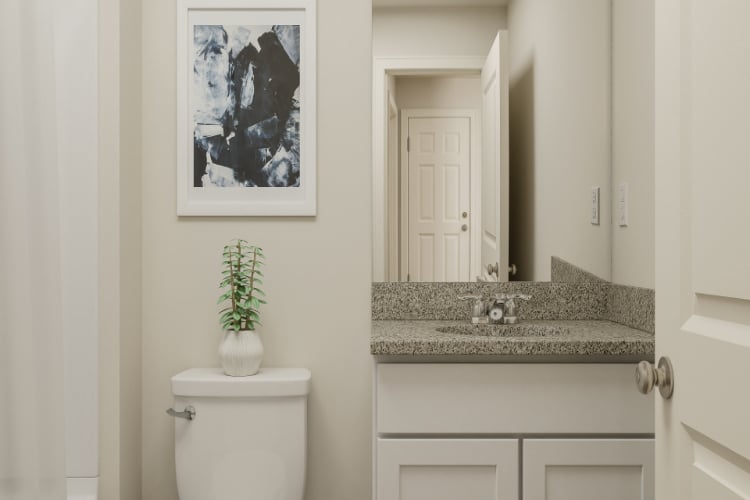 A bathroom with a marble countertop.