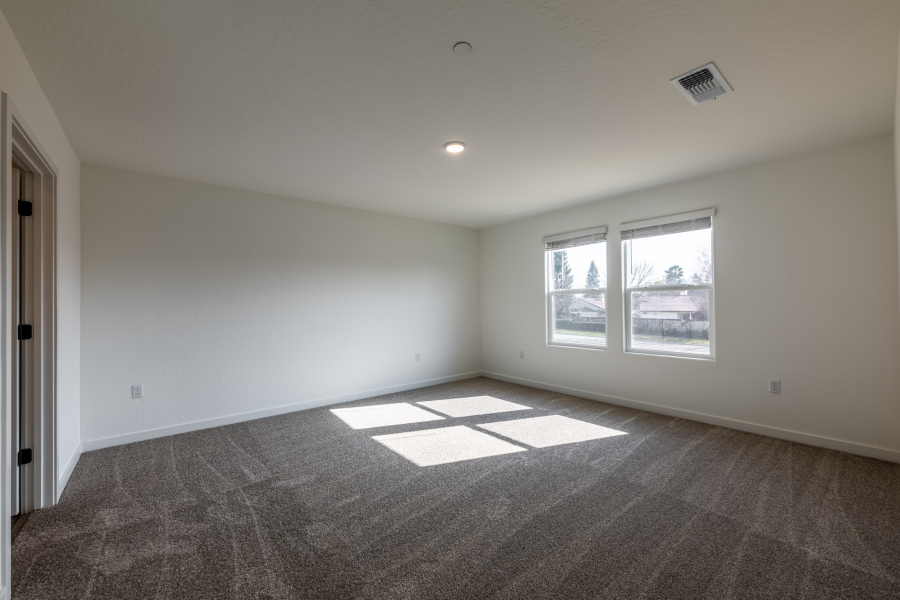 A room with a rug and windows.