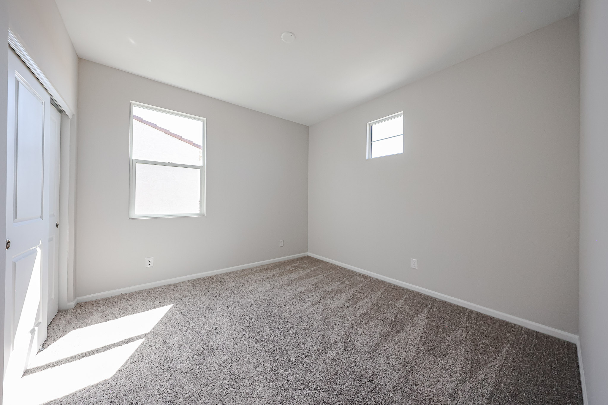 A room with a carpet and windows.