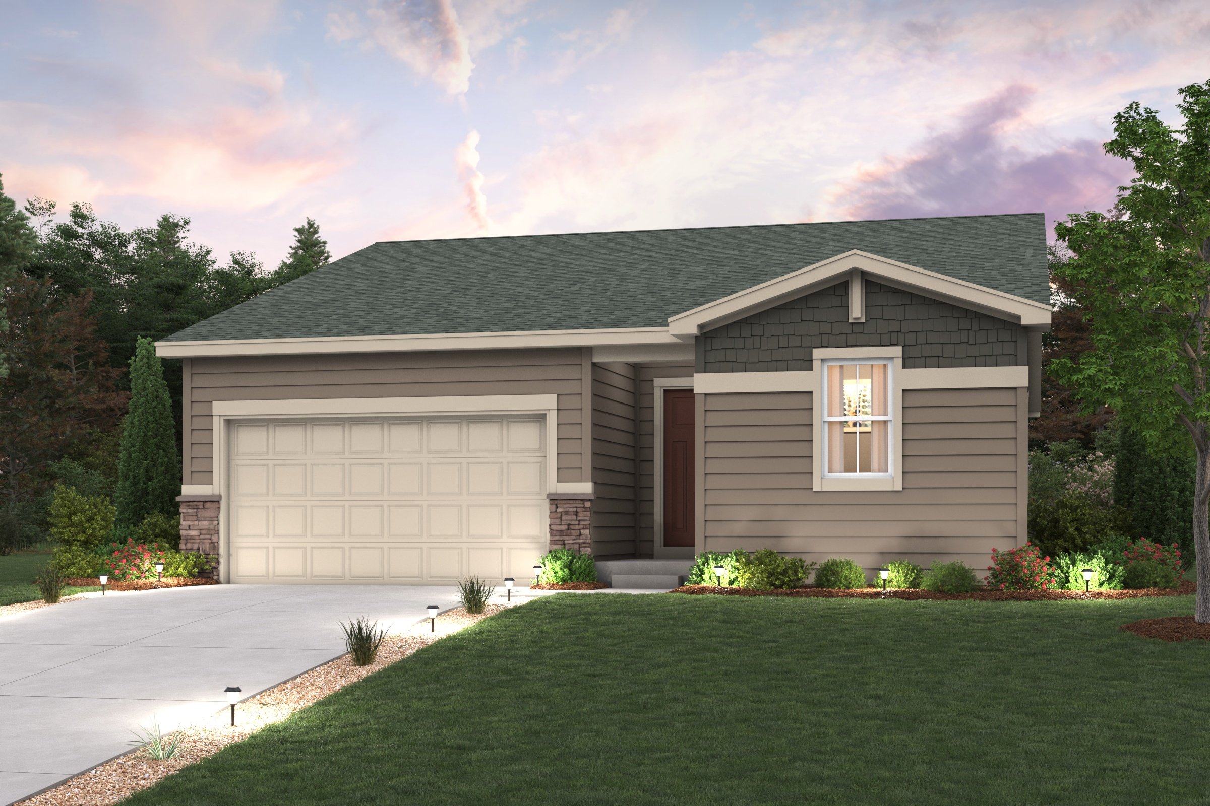 Cimarron Elevation B rendering with landscaping, garage, driveway and exterior paint colors 