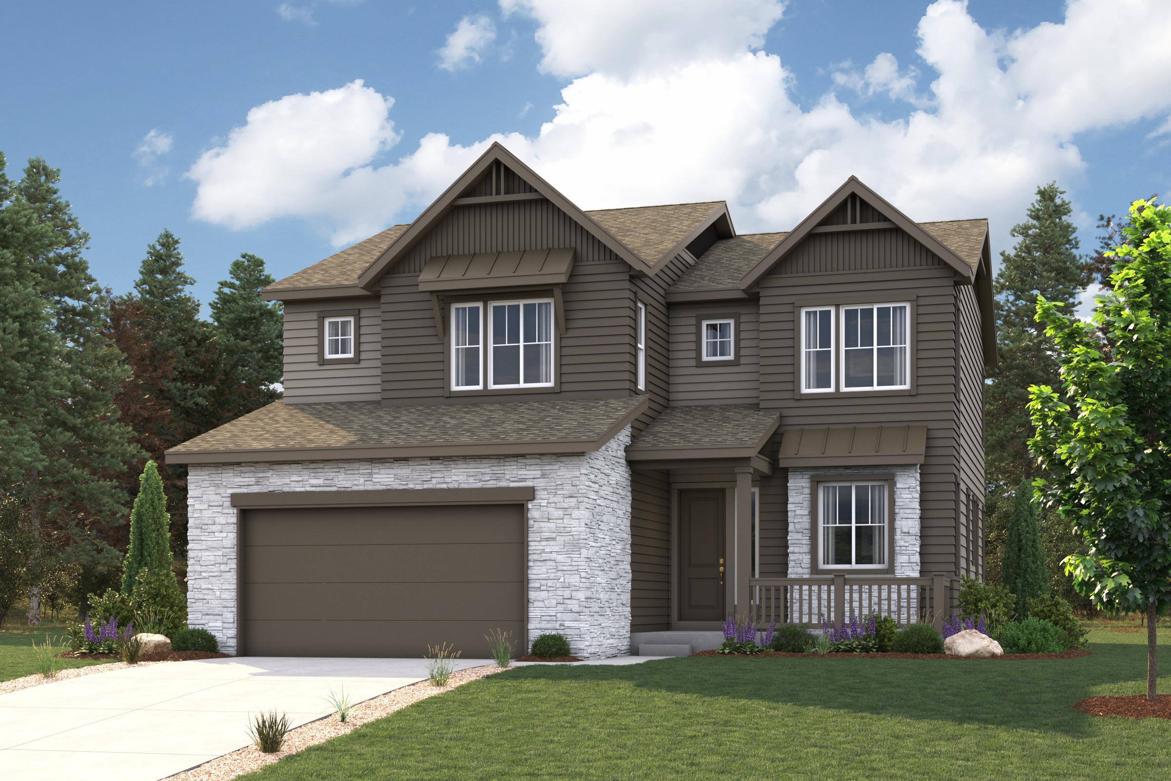 A house with a garage and trees. Olympic Rendering Image, Elevation A