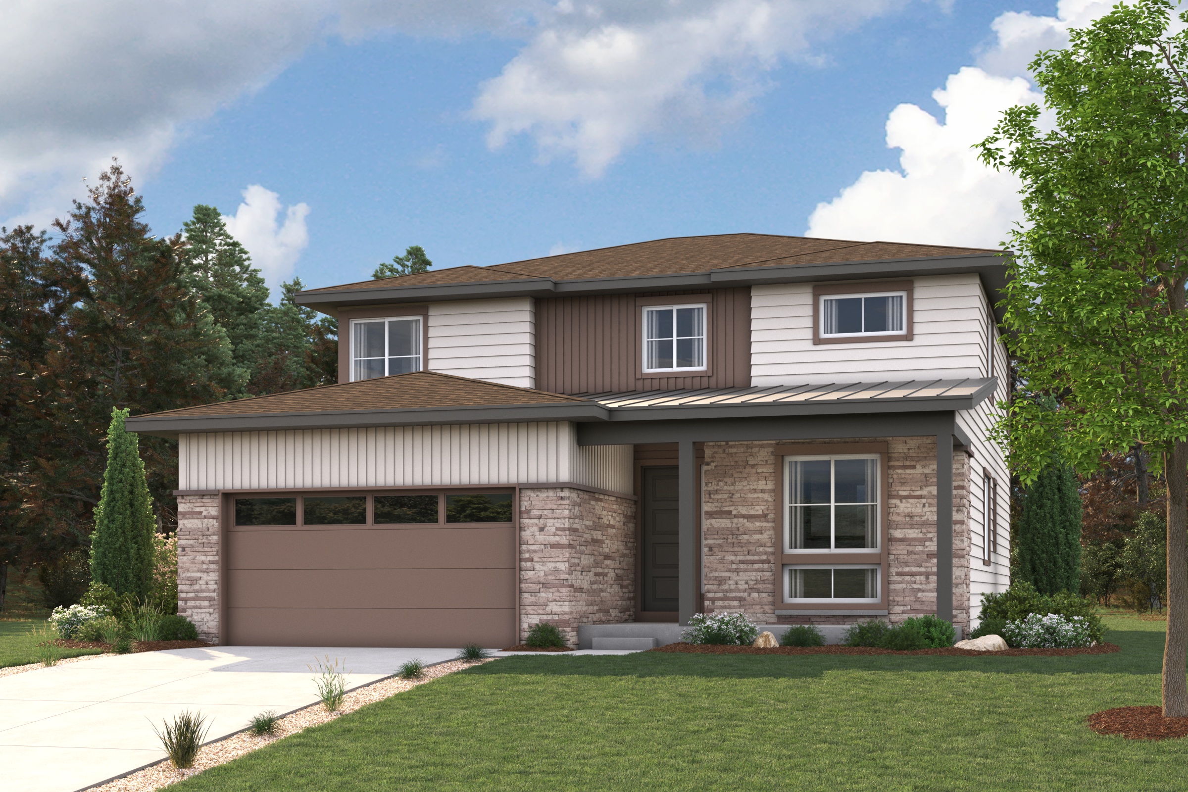 A house with a garage. Roosevelt Rendering Image Elevation C