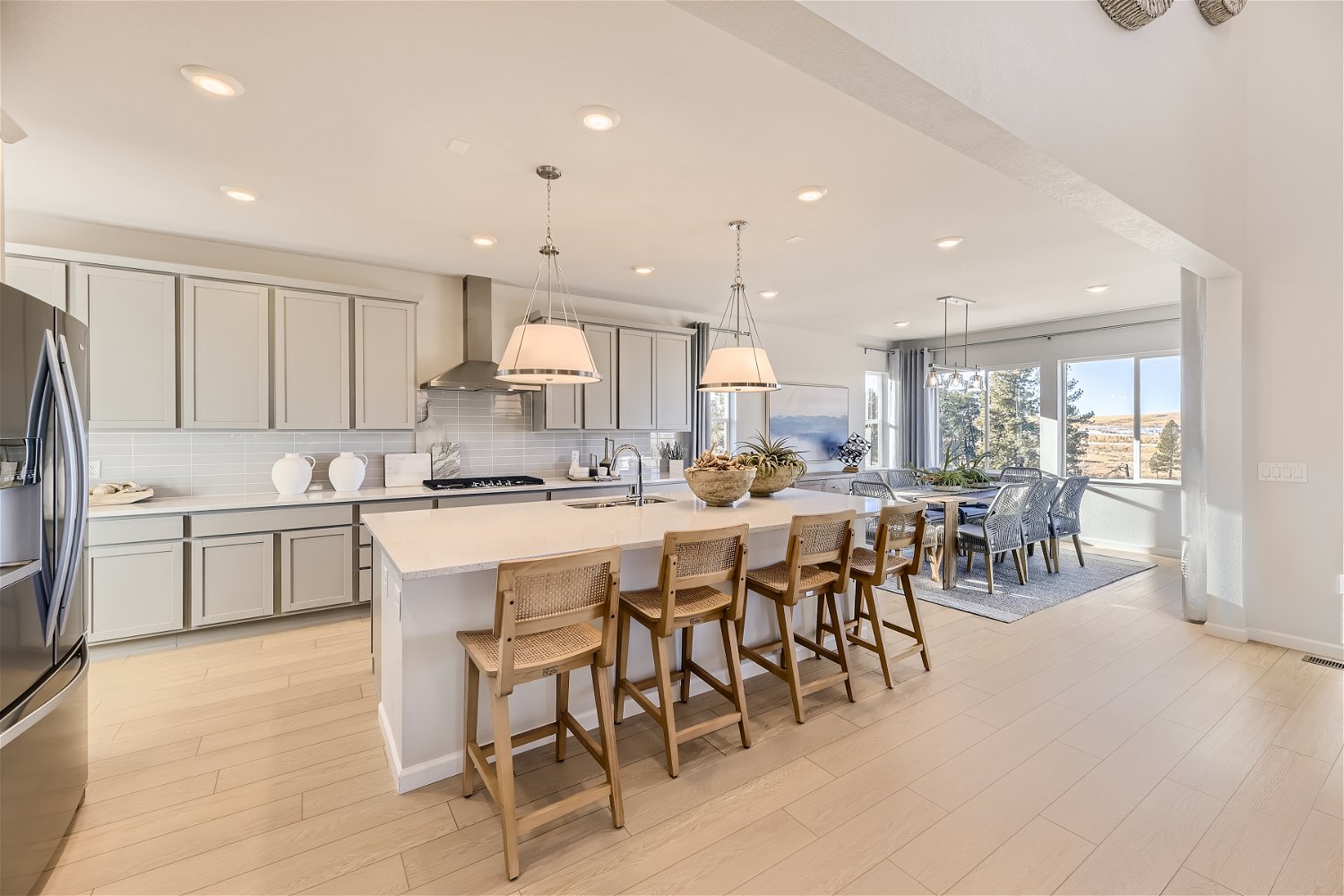 A kitchen with a large island.