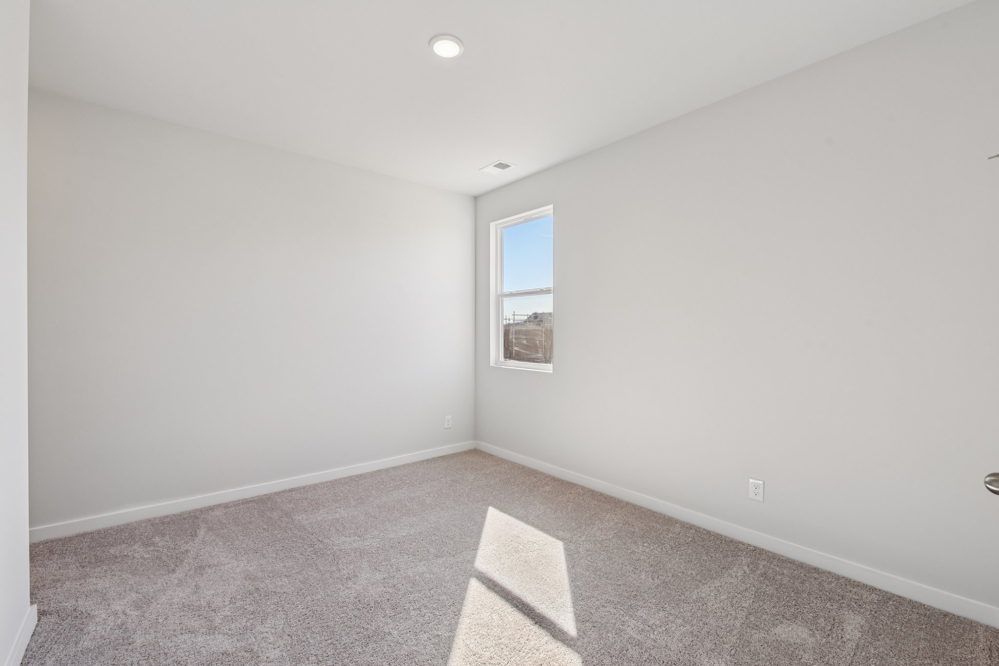 A room with a window and a rug.