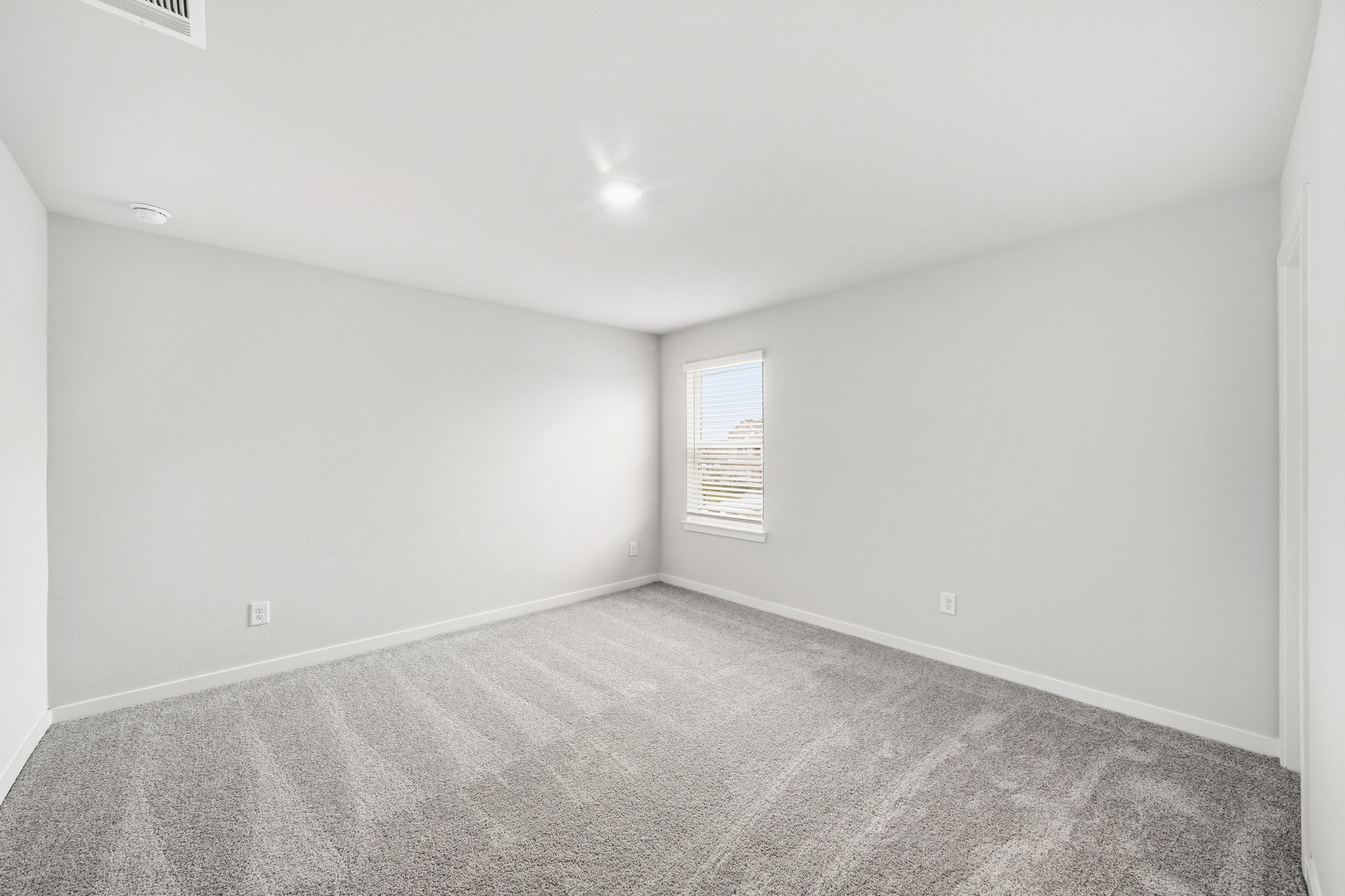 A room with a carpet and a window.