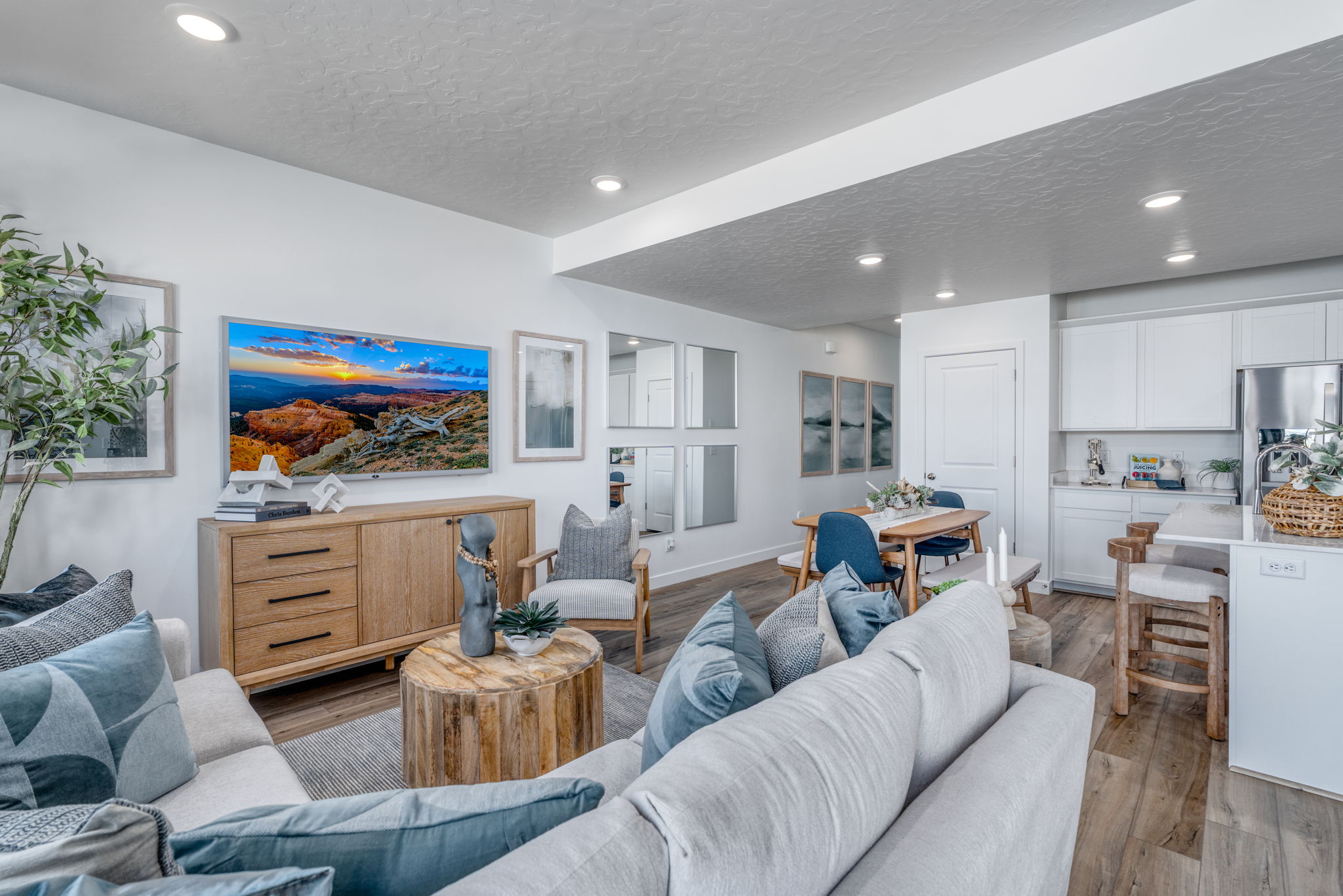 A living room with a couch and a table.