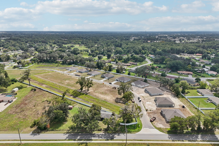 A landscape with houses and trees.