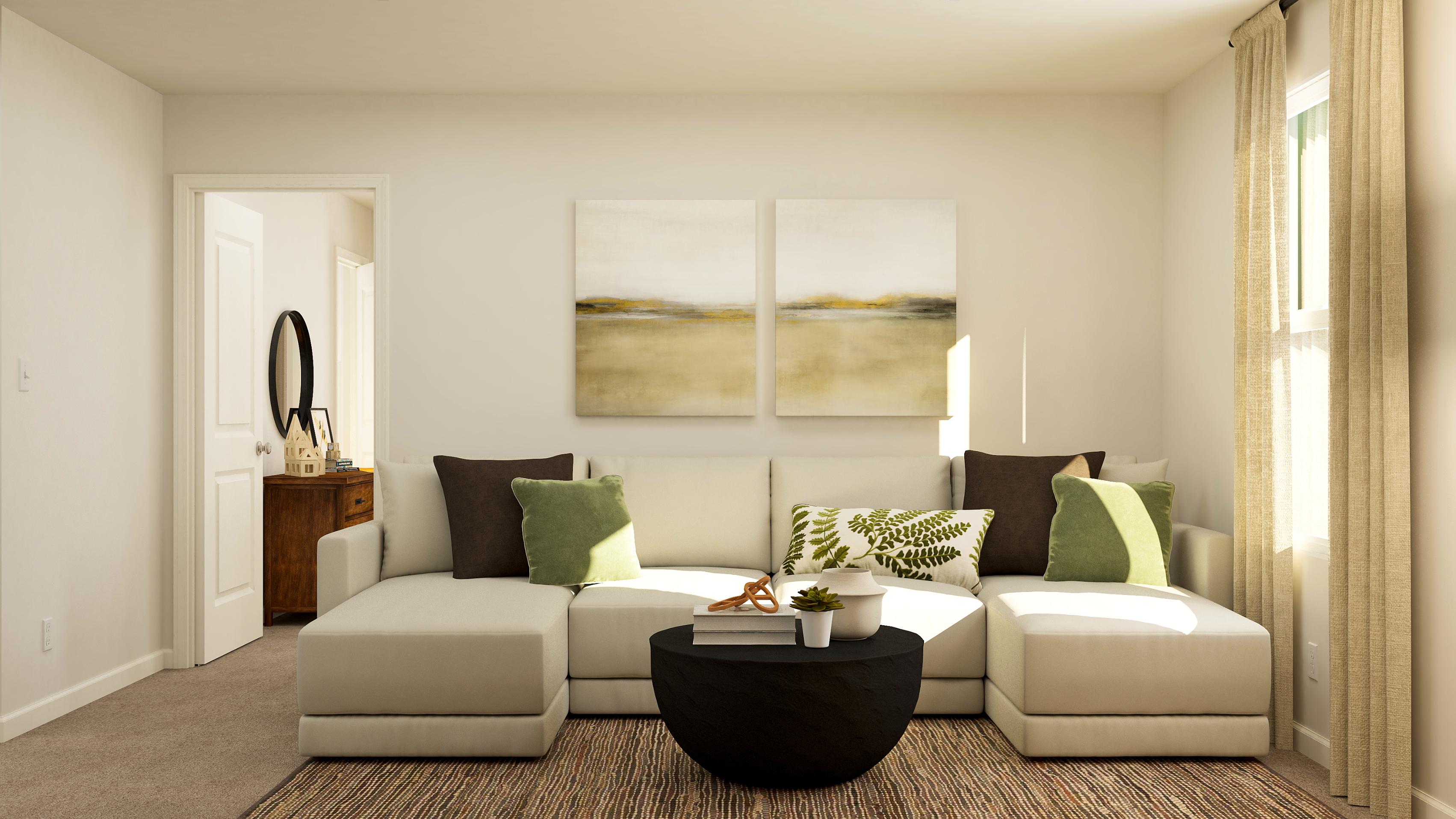 A living room with a couch and a coffee table.