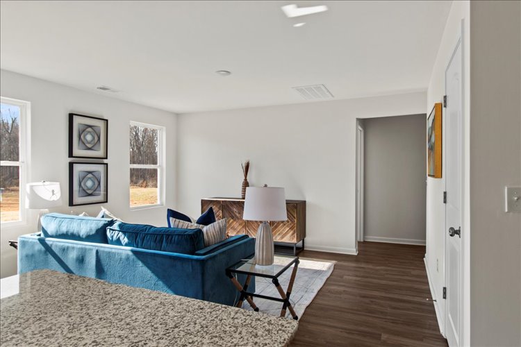 A living room with a blue couch.