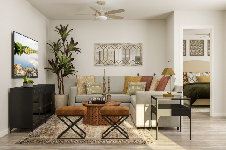 A living room with a couch and coffee table.